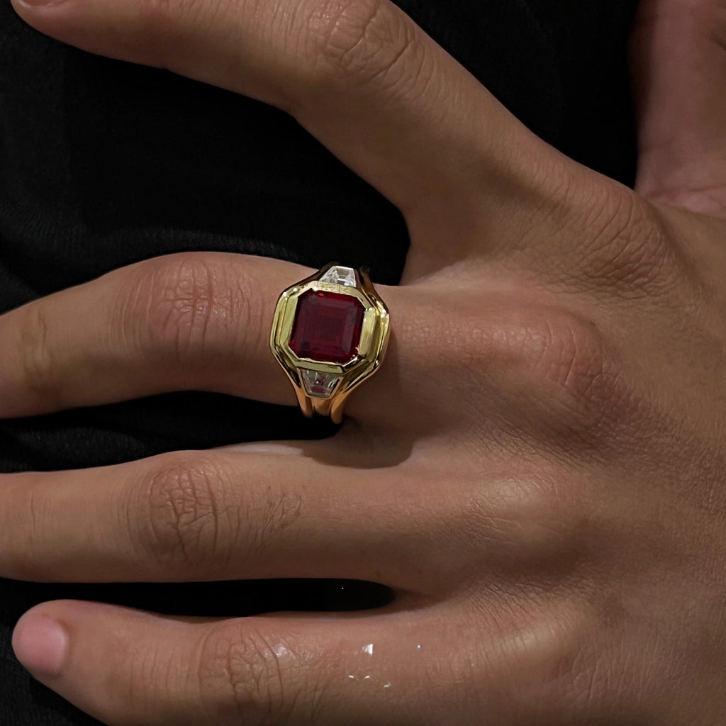 S925 Silver Plated 18K Gold Three-Stone Ruby Ring