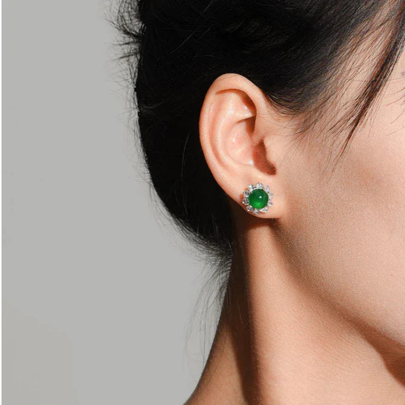 Chrysoprase Sunflower Cabochon Earrings S925 Silver Women's Style - OOAKB