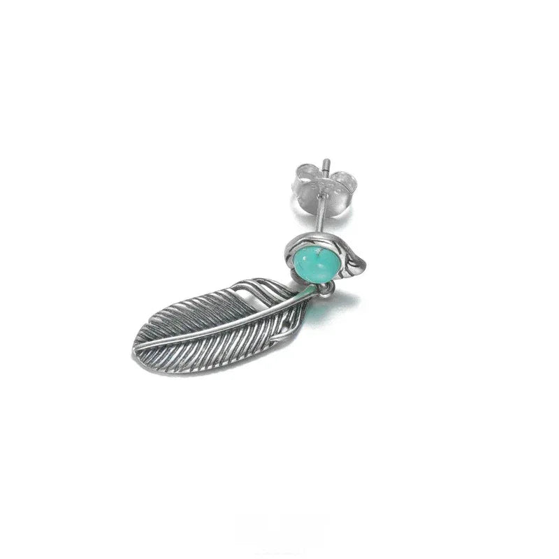 Silver Turquoise Feather Earrings Unisex - OOAKB