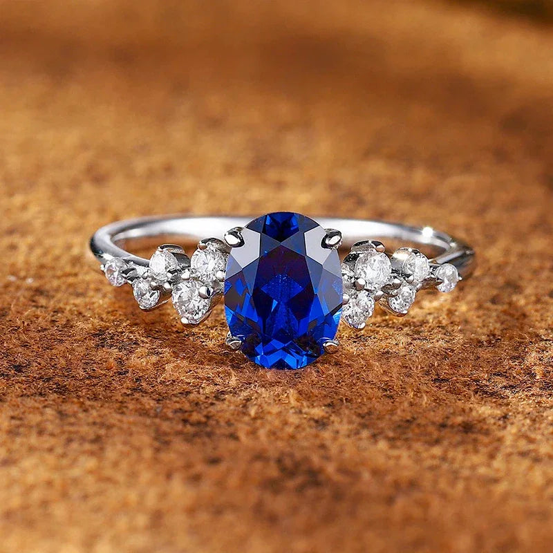 Sapphire S925 Silver Side Diamond-Accented Oval Ring - OOAKB
