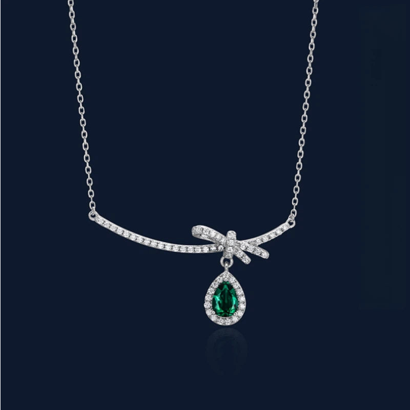 Emerald Bowknot Full-Diamond Collar Necklace S925 Silver Women's Style