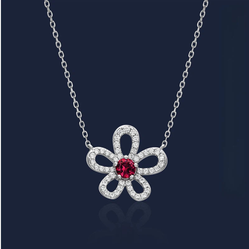 Hollow Out Full Diamond Flower Ruby Necklace Women's Style