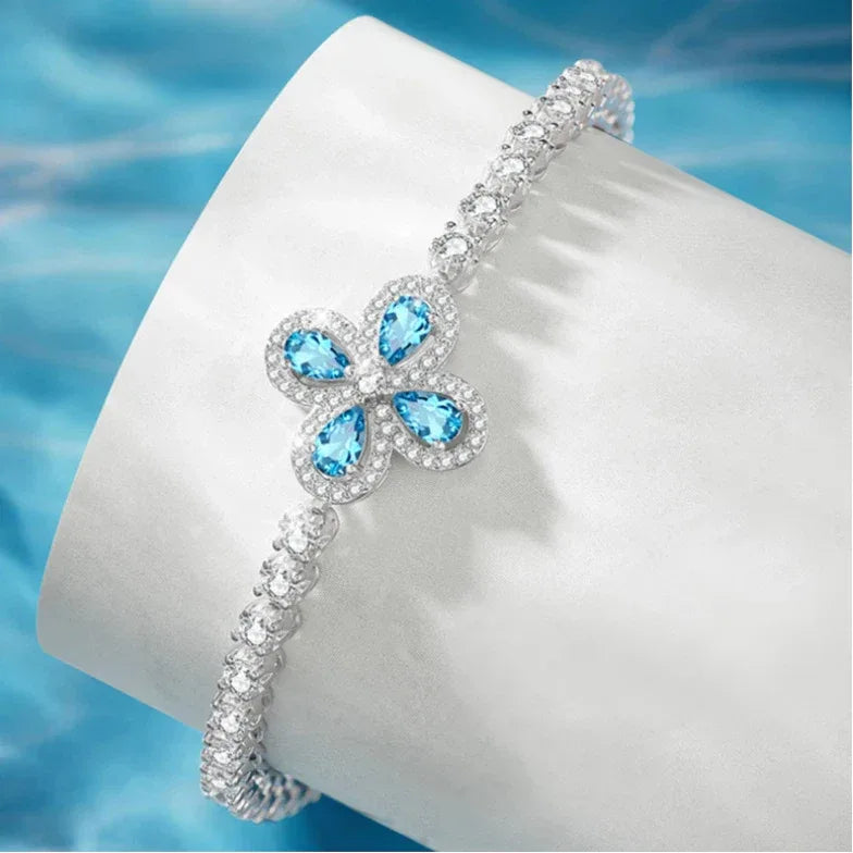 London Blue Topaz S925 Silver Four-Leaf Clover Bracelet - OOAKB
