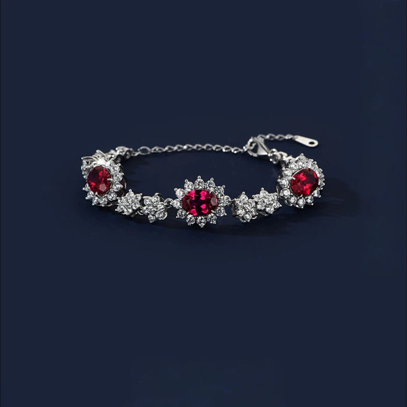Ruby Three-Flower Bracelet S925 Silver Women's Style
