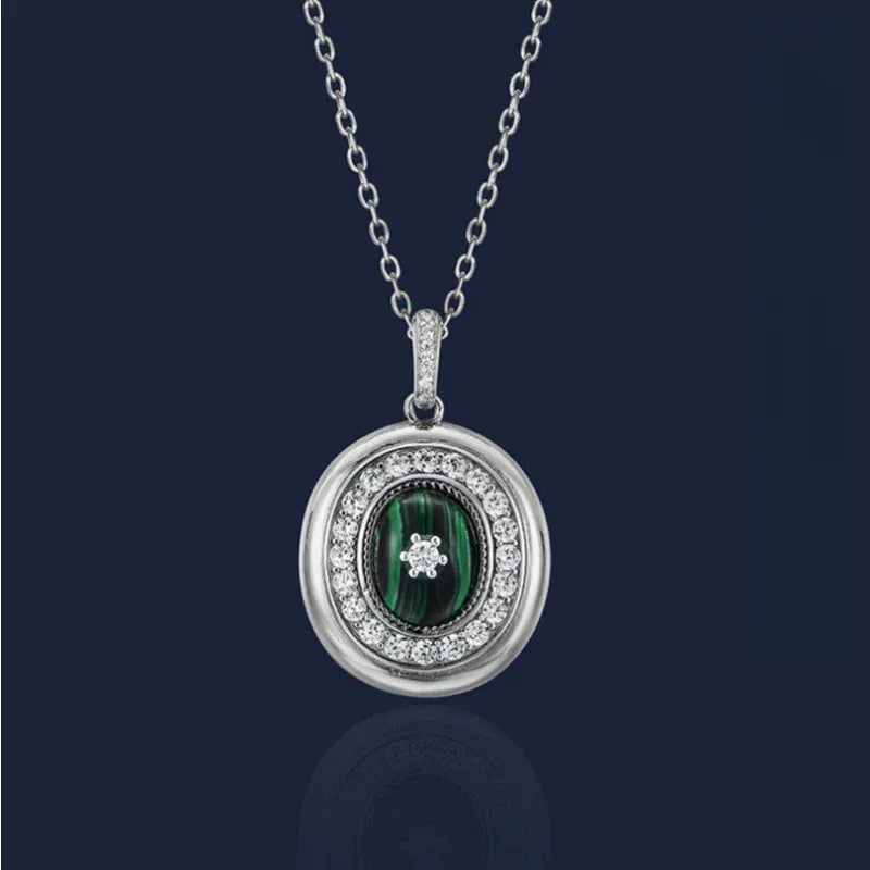 Malachite Cabochon Micro-Pave Pendant Necklace S925 Silver - OOAKB