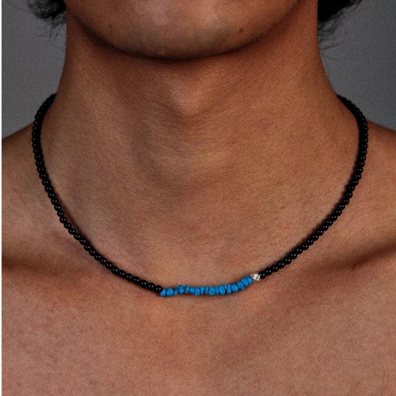 Silver Black Agate Turquoise Beaded Necklace - OOAKB