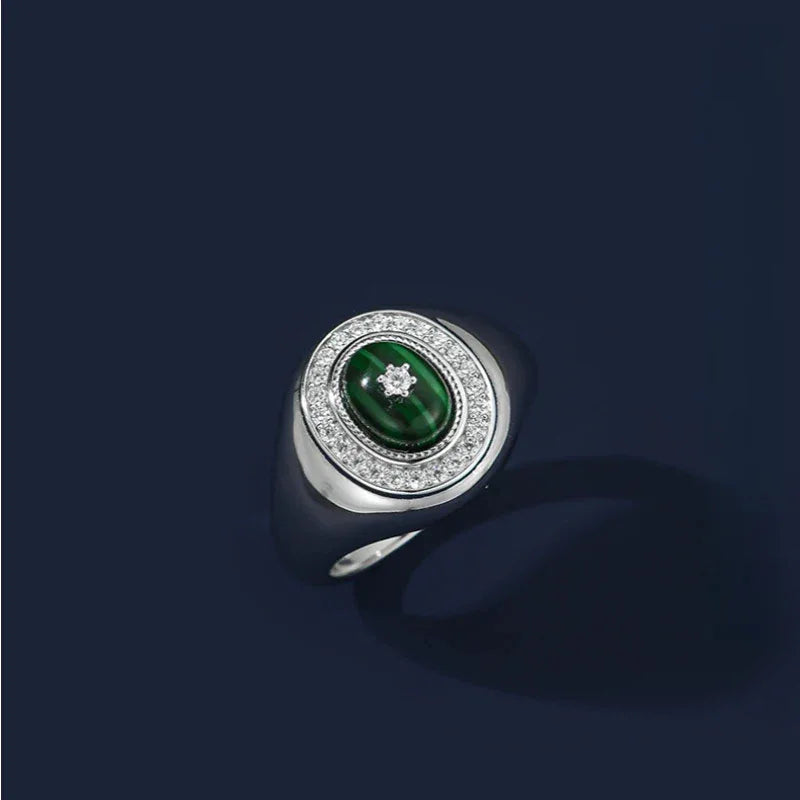 Full Diamond Cabochon Malachite Ring Women's Style - OOAKB