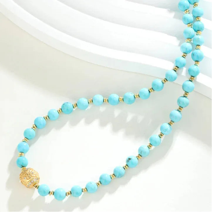 Natural Turquoise Round Bead Gradient Tower Chain DIY Luxury Necklace - OOAKB