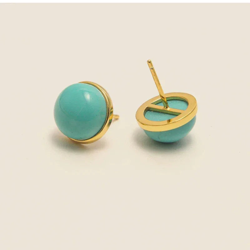 Natural Turquoise Single Bead Round Earrings - OOAKB