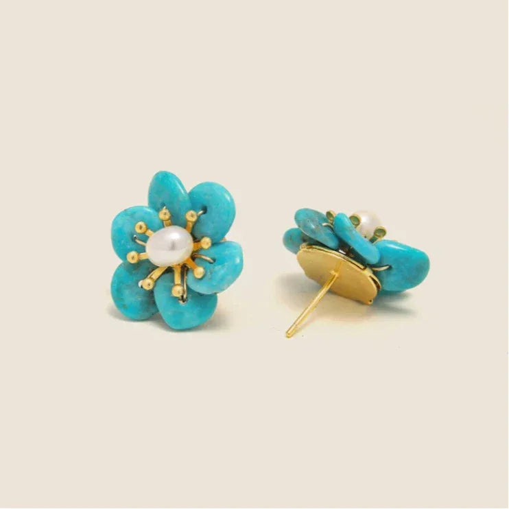 Natural Turquoise Seed Material Pearl Flower Earrings - OOAKB