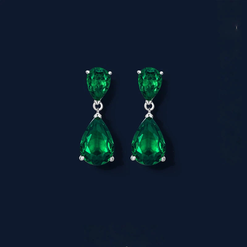 Emerald Double Teardrop Stud Earrings S925 Silver Women's Style