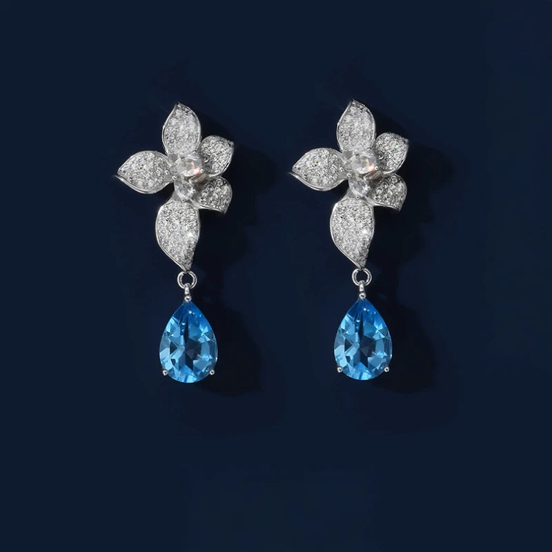 Topaz Blue Star Flower Earrings S925 Silver Women's Style