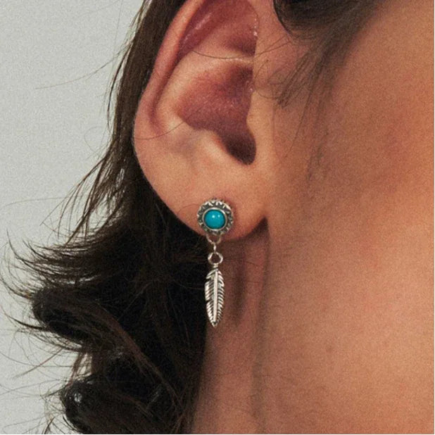 S925 Silver Antiqued Feather Turquoise Earrings - OOAKB