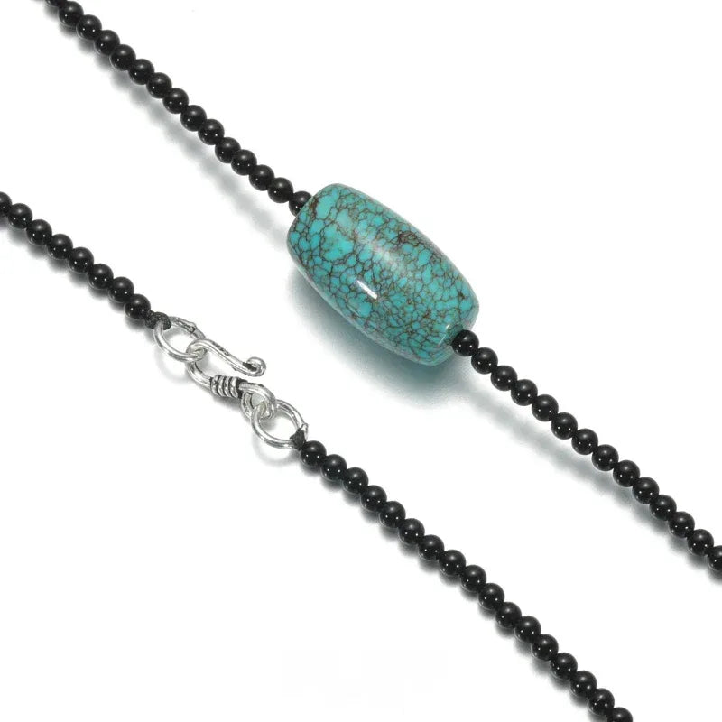Silver Onyx Beaded Turquoise Pendant Necklace - OOAKB