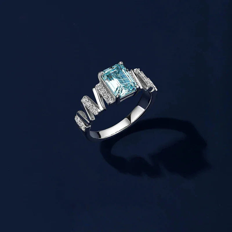 Sea Blue Square Sugar Aquamarine Ring S925 Silver Women's Style - OOAKB