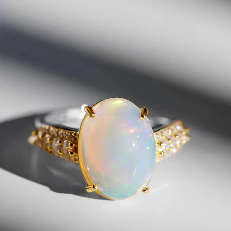 Natural Opal S925 Silver Gold-Plated Vintage Adjustable Ring - OOAKB
