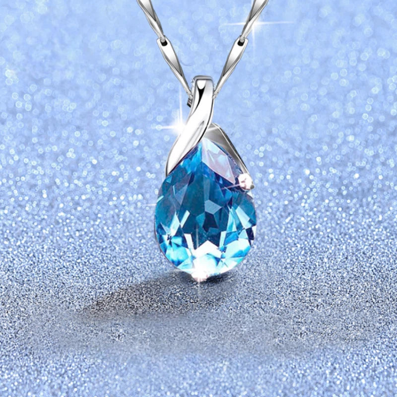 Sea Blue Topaz S925 Silver Teardrop Pendant Necklace