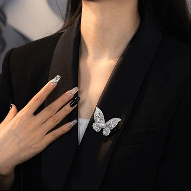 Freshwater Pearl Full-Diamond Butterfly Brooch S925 Silver Women's Style - OOAKB