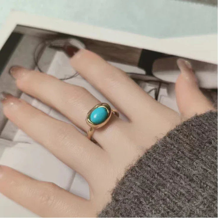 Turquoise Egg-Shaped S925 Silver Open Ring - OOAKB