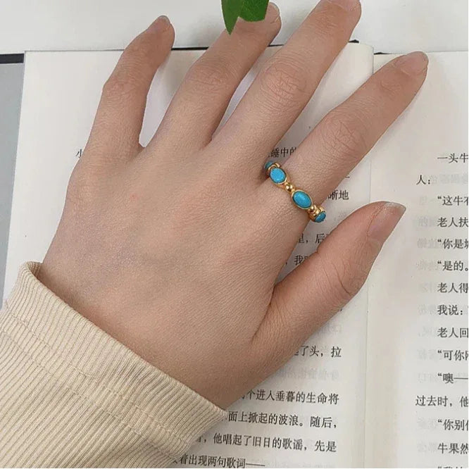 Turquoise Egg-Shaped S925 Silver Open Ring - OOAKB
