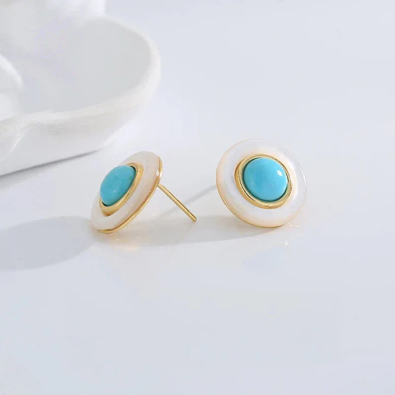Turquoise Round Mother of Pearl S925 Silver Earrings - OOAKB