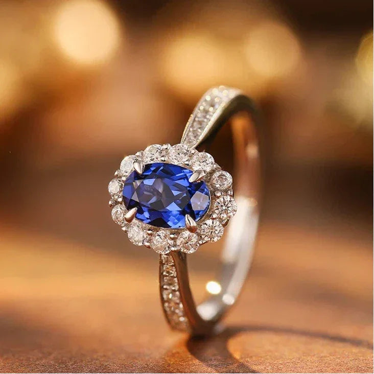 Sapphire S925 Silver Oval Halo Ring - OOAKB