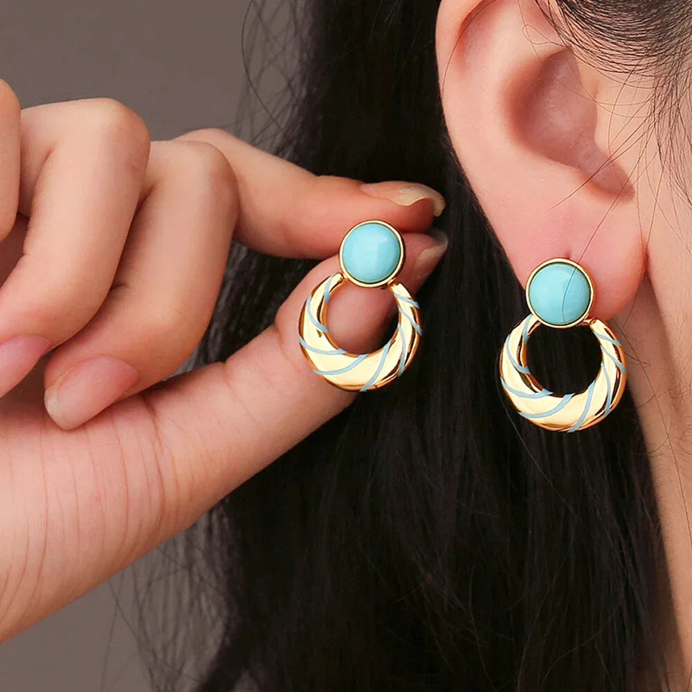 Turquoise Moon-Round S925 Silver Earrings - OOAKB