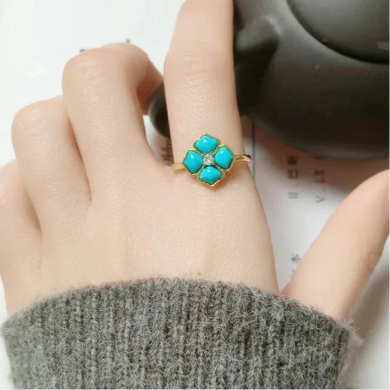 Turquoise Flower Four-Leaf Clover Open Ring - OOAKB