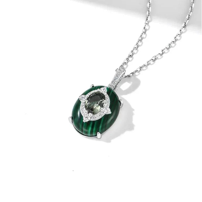 Malachite Cabochon Inlaid Sparkling Diamond Necklace S925 Silver - OOAKB