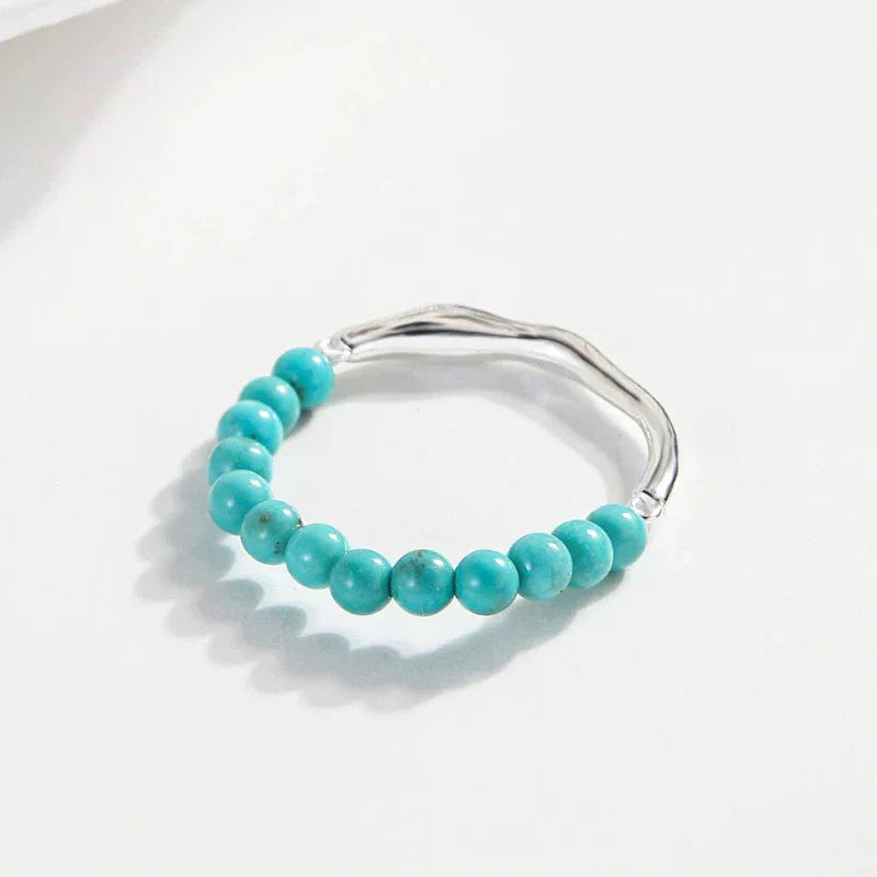 Turquoise Round Bead Band Open Ring - OOAKB