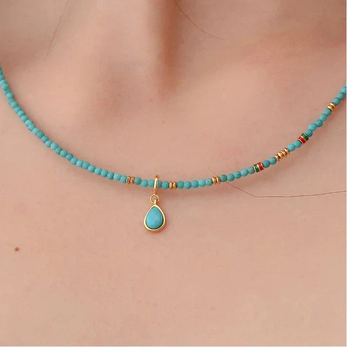 Natural Turquoise Round Bead Teardrop Pendant Luxury Necklace - OOAKB
