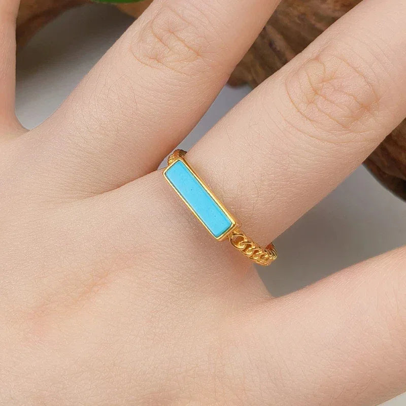 Turquoise Rectangular S925 Silver Open Ring - OOAKB