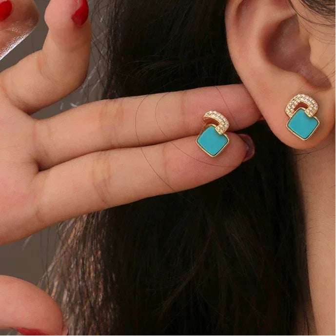 Natural Turquoise Square Luxury Earrings - OOAKB