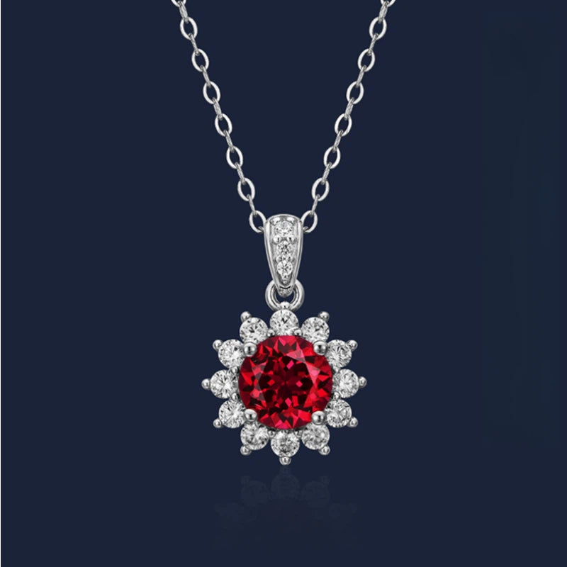 Brilliant Series Four-Claw Ruby Sunflower Necklace S925 Silver Women's Style