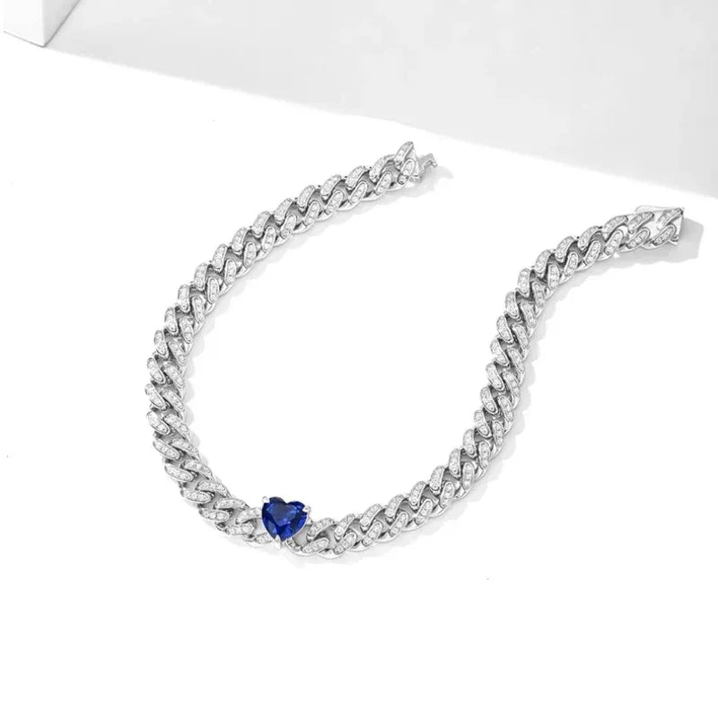 Heart Whisper Series Heart Sapphire Full-Diamond Cuban Link Bracelet - OOAKB