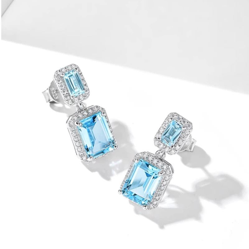 Double-Layer Square Natural Topaz Earrings S925 Silver