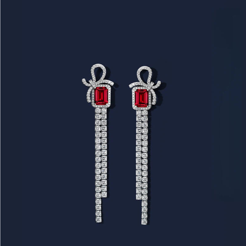 S925 Silver Ruby Bowknot Long Tassel Small Square Sugar Earrings