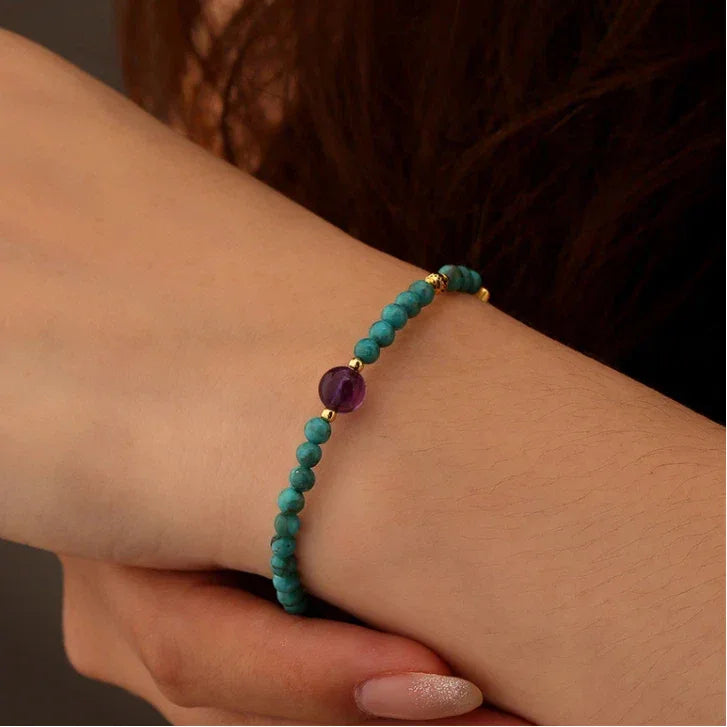 Natural Turquoise Round Bead & Amethyst Luxury Bracelet - OOAKB