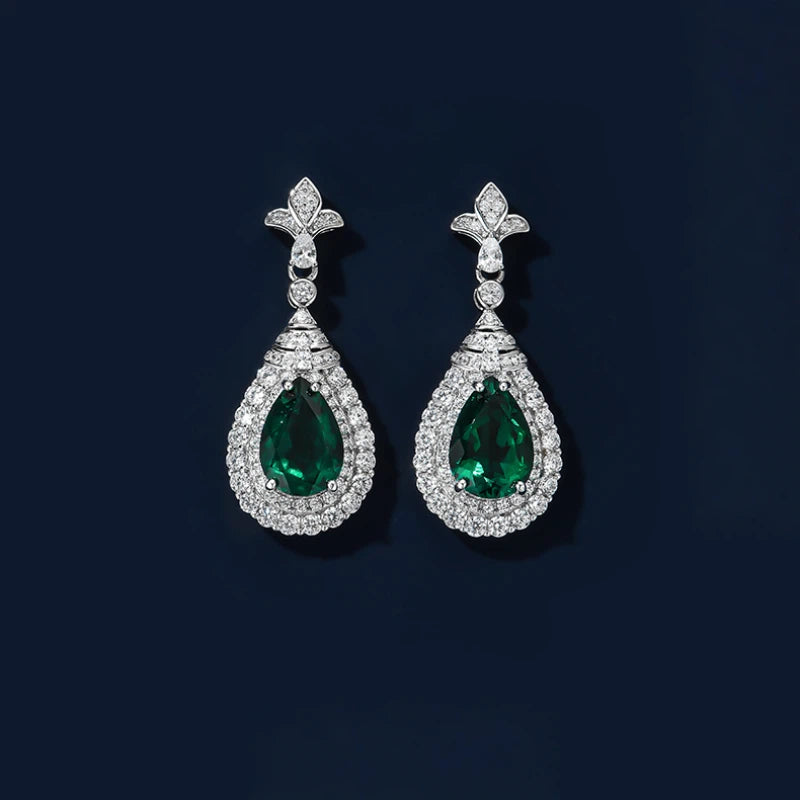 Emerald Large Teardrop Retro Stud Earrings S925 Silver Women's Style
