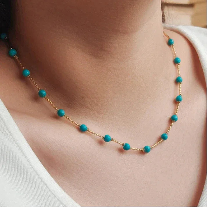 Turquoise Round Bead Starry Sky S925 Silver Necklace - OOAKB