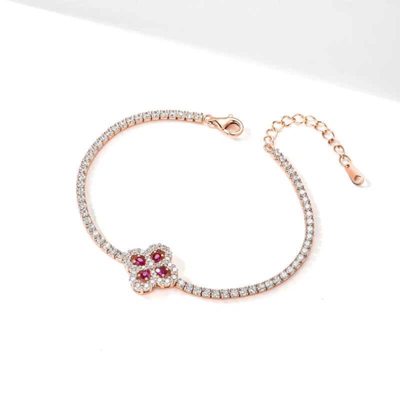 Ruby Lucky Clover Bracelet S925 Silver Women's Style