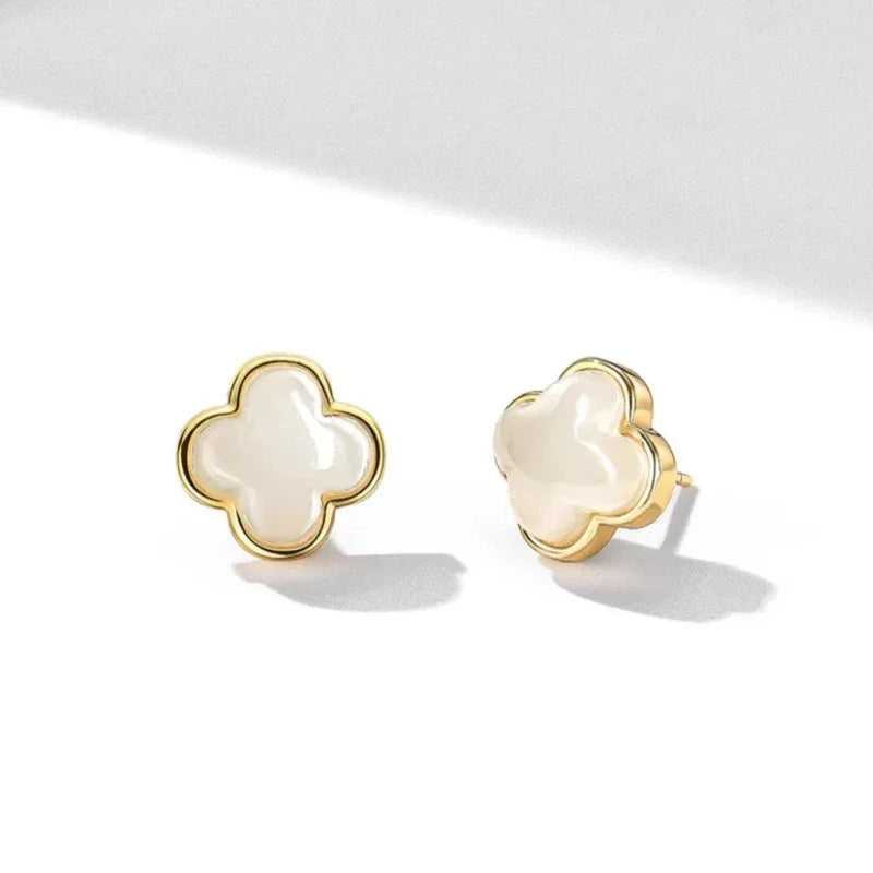 3D Lucky Clover Hetian Jade Stud Earrings S925 Silver Women's Style - OOAKB