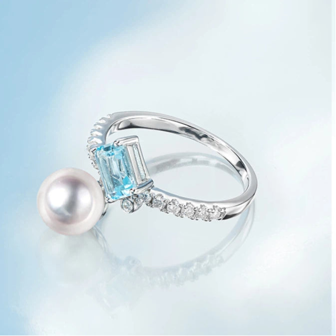 Blue Topaz S925 Silver Saltwater Pearl Ring