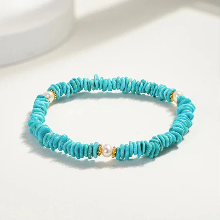 Turquoise Seed Material & Pearl Free-Form Bead S925 Silver Bracelet - OOAKB