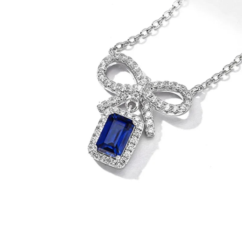 Sapphire Small Square Sugar Bowknot Necklace Women's Style - OOAKB