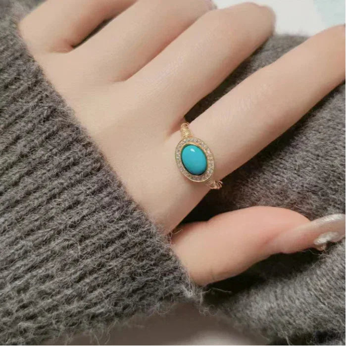 Turquoise Egg-Shaped S925 Silver Open Ring - OOAKB