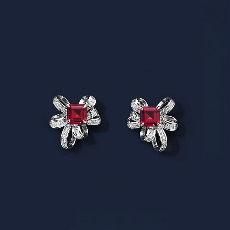 Ruby Bowknot Four-Claw Set Earrings