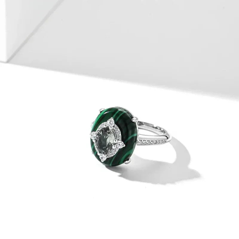 Cabochon Malachite Ring with Sparkling Diamonds Women's Style - OOAKB