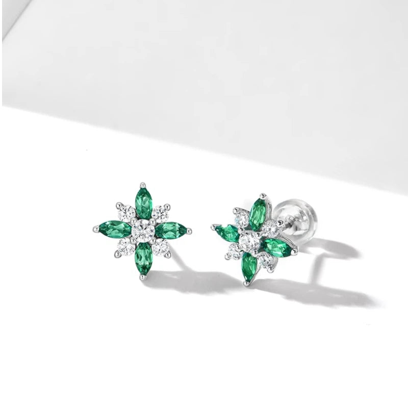 Emerald North Star Sparkling Diamond Stud Earrings S925 Silver Women's Style