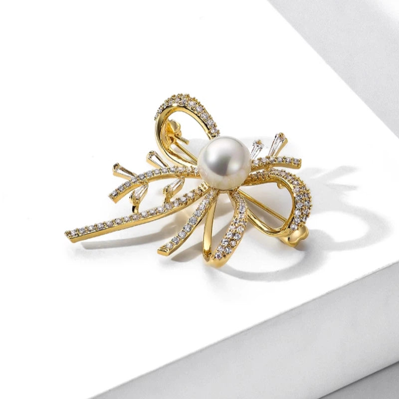 Chanel-style Bowknot Shell Pearl Brooch